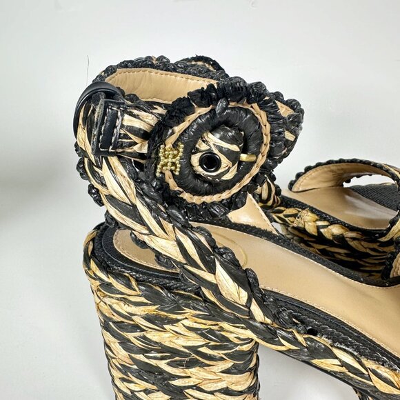 Sam Edelman Black Natural Raffia Lliana sz 7 Woven Platform Sandals Ankle Strap - Picture 15 of 15
